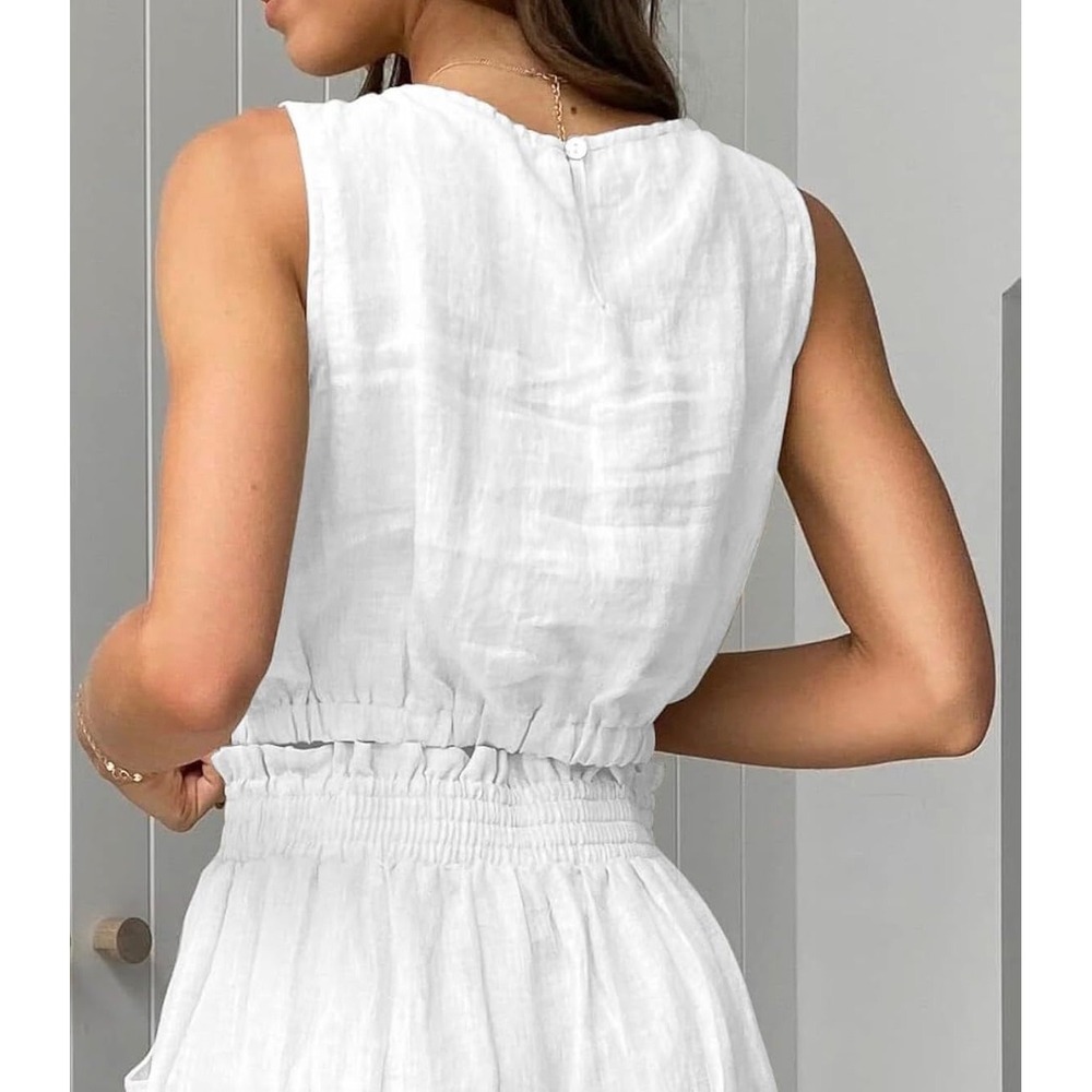 NWT Womens Crop Linen Tank Top White Sleeveless Boat Neck Summer Beach Blouse Md - Picture 3 of 8